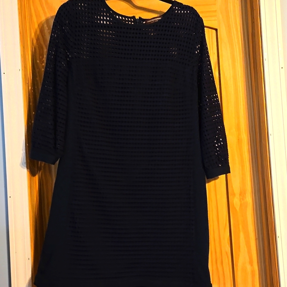 Johnston & Murphy Shift Dress Long Sleeve Navy Cotton Mesh Detail Back Zip
